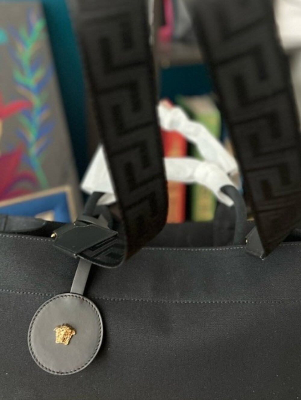 Versace Black Canvas Studded Logo Tote with Gold Accent - Picture 6 of 8